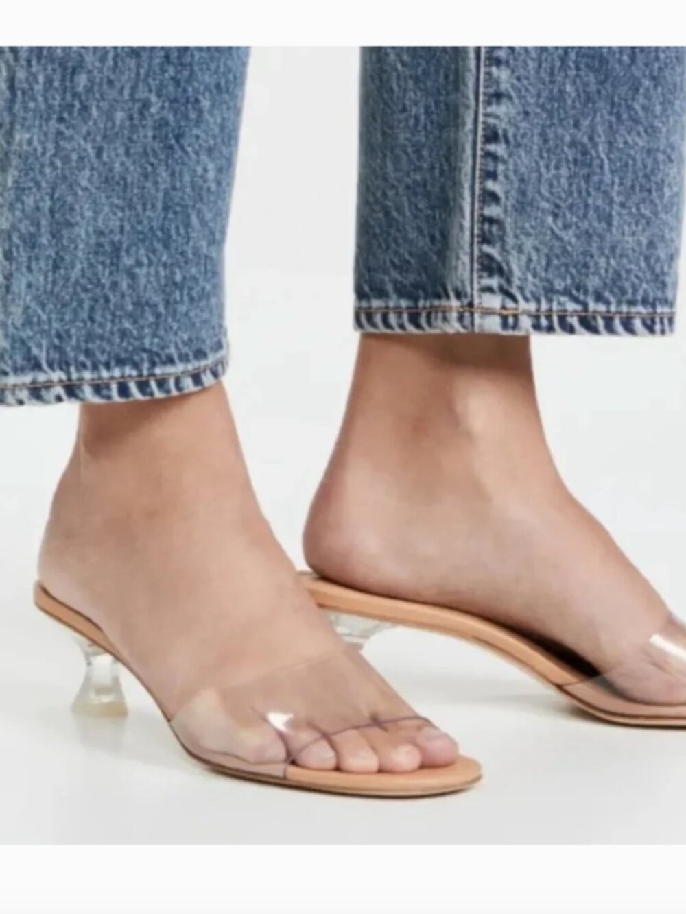 LARROUDE Vivi Lucite Mule In Tan Leather and Vinyl, Acrylic Heel, 7